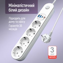 Գ���� �������� ColorWay CW-CHE44PDW 4 �������, 4USB (Type-C PD20W + 3USB QC3.0) (45W), 2 �, White