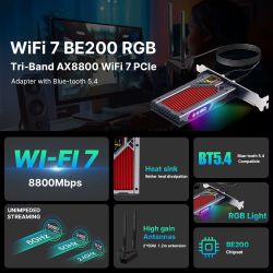�������� ����� PCI-E x1, Fenvi FV-BE8800RGB, WiFi 7 (�� 8800 Mbps), Bluetooth 5.4, Intel BE200, RGB �����������, �������, 2 �������� ������, �������� (!!! ������ ���� � ����������� Intel !!!)