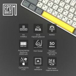 Клавіатура бездротова Epomaker EP64 60% Mulan Switch Hot-Swap (2.4G/BT/USB) RGB UA White (EP64-W-M) - Картинка 11