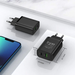 Мережевий зарядний пристрій Vention USB Type A + QC3.0 USB-C + QC4.0 (38W), Black (FBIB0-EU) - Картинка 2