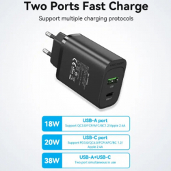 Мережевий зарядний пристрій Vention USB Type A + QC3.0 USB-C + QC4.0 (38W), Black (FBIB0-EU) - Картинка 3