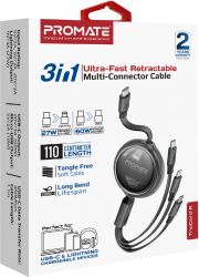Кабель Promate USB Type-C - USB Type-C Lightning microUSB (M/M), 3A, 60W, 1.1 м, Black (triocord-r.black) - Картинка 7