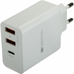   CANYON H-08 Universal 3xUSB AC charger (in wall) with over-voltage protection(1 USB-C with PD Quick Charger), Input 100V-240V, OutputUSB-A/5V-2.4A+USB-C/PD30W, with Smart IC, White Glossy Color+ orange plastic part of USB, 96.8*52.48*28.5mm, 0.092kg (CNE-CHA08W) -  1