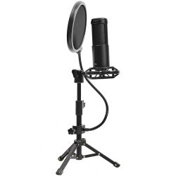   LORGAR Gaming Microphones, Black, USB condenser microphone with tripod stand, pop filter, including 1 microphone, 1 Height metal tripod, 1 plastic shock mount, 1 windscreen cap, 1,2m metel type-C USB cable, 1 pop filter, 154.6x56.1mm (LRG-CMT721) -  3