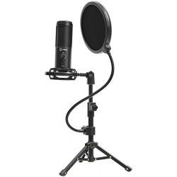   LORGAR Gaming Microphones, Black, USB condenser microphone with tripod stand, pop filter, including 1 microphone, 1 Height metal tripod, 1 plastic shock mount, 1 windscreen cap, 1,2m metel type-C USB cable, 1 pop filter, 154.6x56.1mm (LRG-CMT721) -  4
