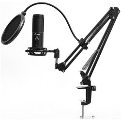   LORGAR Gaming Microphones, Black, USB condenser microphone with boom arm stand, pop filter, tripod stand. including 1* microphone, 1*Boom Arm Stand with C-clamp, 1*shock mount, 1*pop filter, 1*windscreen cap, 1*2.5m type-C USB cable, 1* Extra tripod (LRG-CMT931) -  1