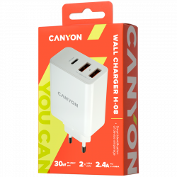   CANYON H-08 Universal 3xUSB AC charger (in wall) with over-voltage protection(1 USB-C with PD Quick Charger), Input 100V-240V, OutputUSB-A/5V-2.4A+USB-C/PD30W, with Smart IC, White Glossy Color+ orange plastic part of USB, 96.8*52.48*28.5mm, 0.092kg (CNE-CHA08W) -  3