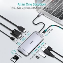 Док станція USB-C 9-в-1 (HDMI/VGA/картридер/LAN/USB-A), алюміній Choetech HUB-M15-GY - Картинка 3