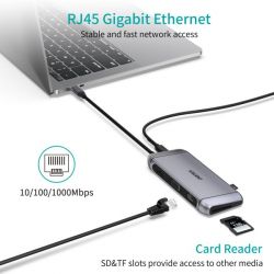 Док станція USB-C 9-в-1 (HDMI/VGA/картридер/LAN/USB-A), алюміній Choetech HUB-M15-GY - Картинка 7