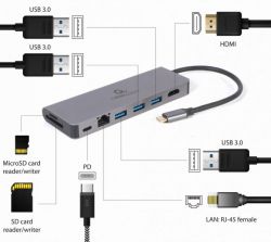 Док станція USB-C 5-в-1 (хаб/HDMI/PD / Кард рідер / LAN), сірий Cablexpert A-CM-COMBO5-05 - Картинка 4