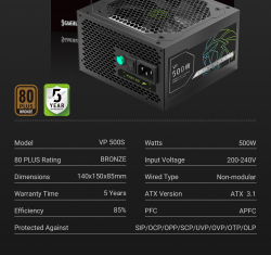 GAMEMAX Блок живлення 500W, 80+ Bronze, fan 120mm ATX3.1 OPP/OVP/UVP/OCP/SCP/OTP/SIP/OLP VP 500S BK - Картинка 23