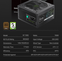 GAMEMAX Блок живлення 700W, 80+ Bronze, fan 120mm PCIe 5. 1 & ATX3.1, Native 12V-2x6 OPP/OVP/UVP/OCP/SCP/OT VP 700S BK - Картинка 24