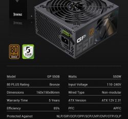 GAMEMAX Блок живлення ATX 550W, 80+ Bronze, 140mm Ultra Si lent Fan OVP / UVP/ SIP / OCP/ OLP/ OPP/ SCP GP 550B - Картинка 17