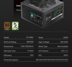 GAMEMAX Блок живлення 600W, 80+ Bronze, fan 120mm PCIe 5. 1 & ATX3.1, Native 12V-2x6 OPP/OVP/UVP/OCP/SCP/OT VP 600S BK - Картинка 23