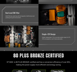 GAMEMAX Блок живлення 500W, 80+ Bronze, fan 120mm ATX3.1 OPP/OVP/UVP/OCP/SCP/OTP/SIP/OLP VP 500S BK - Картинка 12