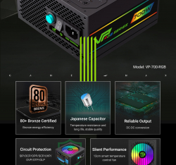 GAMEMAX Блок живлення 700W, 80+ Bronze, fan 120mm PCIe 5. 1 & ATX3.1, Native 12V-2x6 OPP/OVP/UVP/OCP/SCP/OT VP 700S BK-RGB - Картинка 11