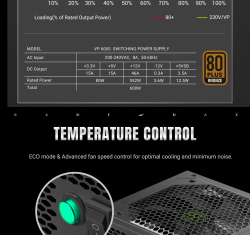 GAMEMAX Блок живлення 600W, 80+ Bronze, fan 120mm PCIe 5. 1 & ATX3.1, Native 12V-2x6 OPP/OVP/UVP/OCP/SCP/OT VP 600S BK - Картинка 15