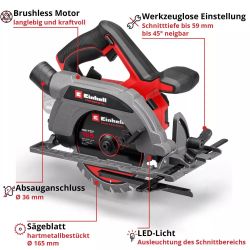 Пила дисковая аккумуляторная Einhell TP-CS 18/165 Li BL-Solo бесщеточная 18В 5000об/мин 165х20мм 2.95кг без АКБ и ЗП 4331225 - Картинка 6