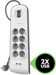 Удлинитель сетевой Belkin 2м, 8хТипF, 16А, 2xUSB-A 2.4A, фильтр, белый BSV804VF2M-V2 - Картинка 4