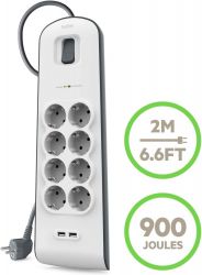 Удлинитель сетевой Belkin 2м, 8хТипF, 16А, 2xUSB-A 2.4A, фильтр, белый BSV804VF2M-V2 - Картинка 3