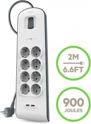 Удлинитель сетевой Belkin 2м, 8хТипF, 16А, 2xUSB-A 2.4A, фильтр, белый BSV804VF2M-V2 - Картинка 2