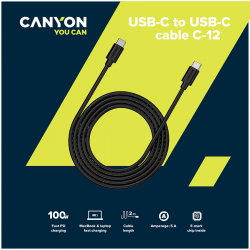  USB Type-C Canyon C-12 USB-C to USB-C Fast Charging & AV Data Transfer 100W 2m Black (CNS-USB -  2