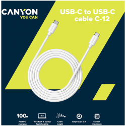  USB Type-C Canyon C-12 USB-C to USB-C Fast Charging & AV Data Transfer 100W 2m White (CNS-USB -  2