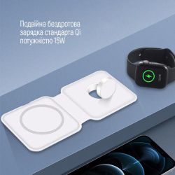 Беспроводное зарядное устройство ColorWay MagSafe Duo Charger, White, 15 Вт, до 2 устройств одновременно, Qi, защита от перенапряжения и контроль температуры, совместимость с Apple Watch / iPhone / Airpods (CW-CHW32Q-WT) - Картинка 2
