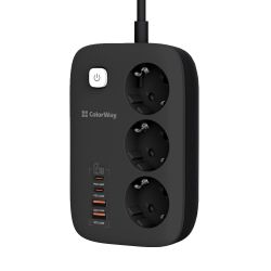 Фильтр сетевой ColorWay GaN3 Pro, 3 розетки, 2 м, Black, 2xUSB (60 Вт, QC3.0), 2xType-C (65 Вт, PD3.0), провод из меди (до 3250 Вт), 16A (CW-CHE34PDB) - Картинка 2