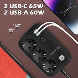 Фильтр сетевой ColorWay GaN3 Pro, 3 розетки, 2 м, Black, 2xUSB (60 Вт, QC3.0), 2xType-C (65 Вт, PD3.0), провод из меди (до 3250 Вт), 16A (CW-CHE34PDB) - Картинка 7