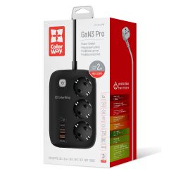 Фильтр сетевой ColorWay GaN3 Pro, 3 розетки, 2 м, Black, 2xUSB (60 Вт, QC3.0), 2xType-C (65 Вт, PD3.0), провод из меди (до 3250 Вт), 16A (CW-CHE34PDB) - Картинка 9