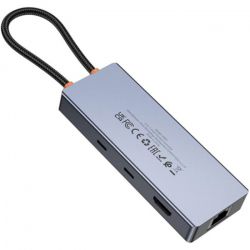 Хаб USB HOCO HB52, Grey, Type-C 3.1 - 1xType-C (100 Вт) / 1xType-C 3.0 / 2xUSB 3.0 / HDMI 4K / Lan / microSD / SD, кабель 18 см, алюминиевый корпус - Картинка 3