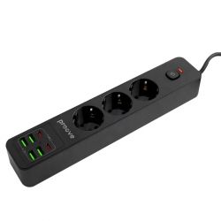 Фильтр сетевой Proove Power Strip P-03, 3 розетки, 2 м, Black, 2xType-C (5V/2.4A), 4xUSB (5V/2.4A), выключатель, заземление, до 2500 Вт, 10A (PSP342420001) - Картинка 3