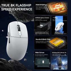 Миша бездротова Attack Shark R6, White, Bluetooth 5.2 / USB 2.4GHz / Type-C, оптична (сенсор PixArt PAW3950 Max), до 42 000 dpi, 50G, 750IPS, чіп Nordic 52840, 5 кнопок, перемикачі Omron, акумулятор, 39 г - Картинка 3