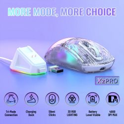 ���� ���������� Attack Shark X2 Pro + ���-�������, Transparent White, Bluetooth 5.2 / USB 2.4GHz / Type-C, ������� (������ PixArt PAW3212), 1200 - 4000 dpi, RGB �����������, 5 ������, ���������� 800 mAh - �������� 2