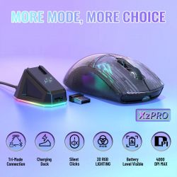 Мышь беспроводная Attack Shark X2 Pro + док-станция, Transparent Black, Bluetooth 5.2 / USB 2.4GHz / Type-C, оптическая (сенсор PixArt PAW3212), 1200 - 4000 dpi, RGB подсветка, 5 кнопок, аккумулятор 800 mAh - Картинка 2