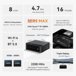 Неттоп Beelink SER5 MAX, Black, Ryzen 7 6800H (8x3.2-4.7 GHz), 32Gb LPDDR5, 500Gb SSD NVMe, Radeon 680M, WiFi 6, Bluetooth 5.2, 2.5GLan, 3xUSB 3.2, Type-C, HDMI/DP, Windows 11 Pro, кріплення VESA у комплекті (BLSER5M6800H32500BK) - Картинка 4
