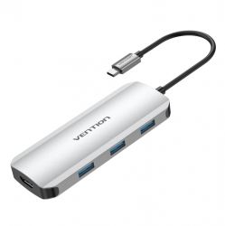 ��� USB Vention 7-in-1, Grey, Type-C 3.2 - 1xType-C (100 ��) / 3xUSB 3.0 / HDMI 4K / microSD / SD, ������ 15 ��, ����������� ������ (TOJHB)