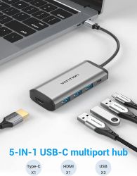 ��� USB Vention 5-in-1, Grey, Type-C 3.2 - 1xType-C (100 ��) / 3xUSB 3.0 / HDMI 4K, ������ 15 ��, ����������� ������ (CNBHB) - �������� 2