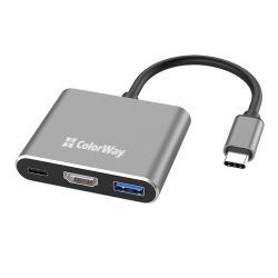  USB ColorWay "3-in-1", Grey, Type-C 3.0 - 1xType-C 3.0 (100 ) / 1xUSB 3.0 / HDMI 4K,  17 ,   (CW-HUB08)