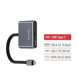 Хаб USB ColorWay "3-in-1", Grey, Type-C 3.0 - 1xType-C 3.0 (100 Вт) / 1xUSB 3.0 / HDMI 4K, кабель 17 см, алюмінієвий корпус (CW-HUB08) - Картинка 4