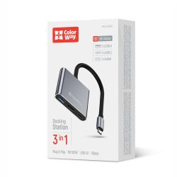 Хаб USB ColorWay "3-in-1", Grey, Type-C 3.0 - 1xType-C 3.0 (100 Вт) / 1xUSB 3.0 / HDMI 4K, кабель 17 см, алюмінієвий корпус (CW-HUB08) - Картинка 5