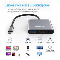 Хаб USB ColorWay "3-in-1", Grey, Type-C 3.0 - 1xType-C 3.0 (100 Вт) / 1xUSB 3.0 / HDMI 4K, кабель 17 см, алюмінієвий корпус (CW-HUB08) - Картинка 6