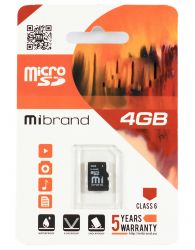 Карта памяти microSDHC, 4Gb, Class6, Mibrand, без адаптера (MICDC6/4GB)
