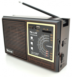 Радиоприемник GOLON RX9933UAR, 6W, AM/FM радио, Входы microSD, USB, питание от 220+АКБ+4*LR20, корпус пластмасс, Black/Brown, BOX