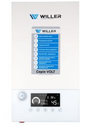 Електричний котел Willer PT213 Volt WF, одноконтурний з насосом, 13 кВт, площа обігріву 130 кв.м., 1 або 3 фази, сухий ТЕН, WIFI модуль, символьний РК-дисплей, вбудований циркуляційний насос, розширювальний бак, IP22