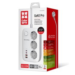 Գ���� ��������� 2 � ColorWay, White, 3 x �����������, 2xUSB (60 ��, QC3.0), 2xType-C (65 ��, PD3.0), ��� � �� (�� 3250 ��), 16A (CW-CHE34PDW) - �������� 5