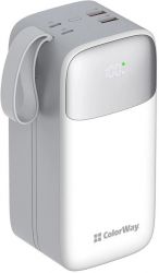 ������������ ������� ������� 50000 mAh, ColorWay, 22.5W, White, Quick Charge 3.0, 3xUSB (Type-C+microUSB), LED ���������, ������ USB <-> Type C (CW-PB500LPA4WT-PDD) - �������� 2