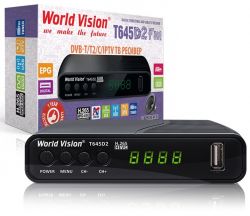 TV-тюнер зовнішній автономний World Vision T645D2 FM, Black, H.265, AC3. DolbyDigital, DVB-T2/T/C, FM тюнер, IPTV, DLNA, Stalker, кнопки, дисплей, 2хUSB, вбудований блок живлення, CPU-GX6706 єдине програмне забезпечення сумісне з лінійкою Т644xx та Т645xx - Картинка 3